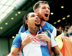 DELIGHT: Blackburn’s Tyrhys Dolan, left, celebrates his winner PICTURES: PSI/Craig Galloway