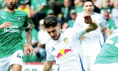 TITLE-WINNER: Leeds United’s Manor Solomon scores their precious winner against Plymouth PICTURE: Alamy
