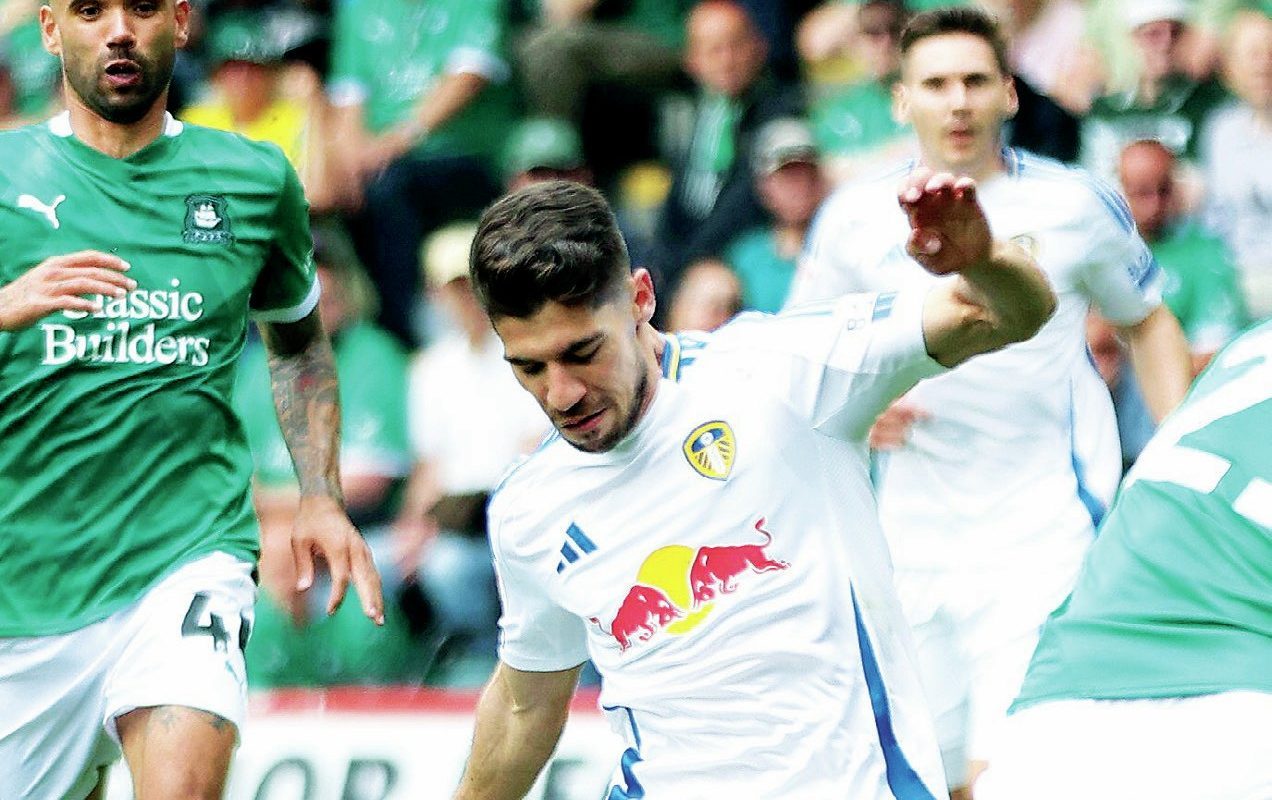 TITLE-WINNER: Leeds United’s Manor Solomon scores their precious winner against Plymouth PICTURE: Alamy