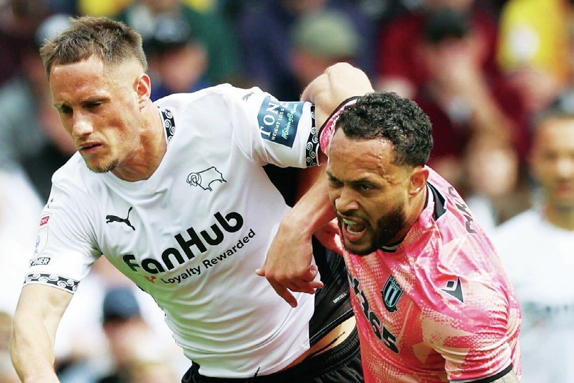 COMMITMENT: Derby County’s Jerry Yates, left, and Stoke City’s Lewis Baker battle it out PICTURES: Alamy