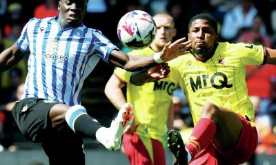 ON THE STRETCH: The Owls’ Djeidi Gassama, left, and Watford’s Yasser Larouci fight for the ball PICTURES: Alan Cozzi
