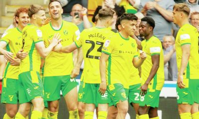 FINAL FLOURISH: Shane Duffy, third from left, celebrates scoring Norwich’s fourth with his teammates PICTURES: Alamy