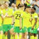 FINAL FLOURISH: Shane Duffy, third from left, celebrates scoring Norwich’s fourth with his teammates PICTURES: Alamy