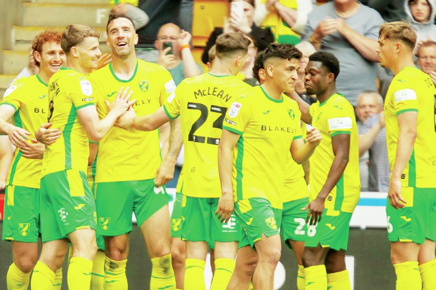 FINAL FLOURISH: Shane Duffy, third from left, celebrates scoring Norwich’s fourth with his teammates PICTURES: Alamy