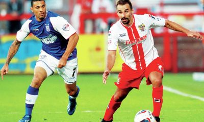 Stevenage goalscorer Filipe Morais on the ball in their League Cup win against Ipswich in 2013