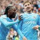 Coventry City’s Brandon Thomas-Asante, left, pushes Josh Eccles forward after his part in the second goal