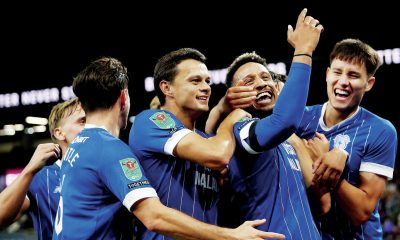 Callum Robinson, second from right, celebrates scoring Cardiff City’s second at Burnley