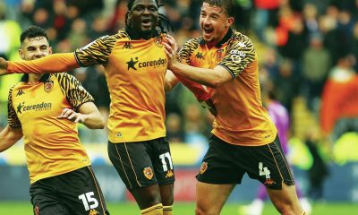 Hull City’s David Akintola, centre, celebrates his first half winner against the Blades