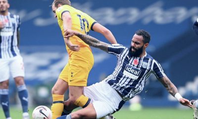 West Brom’s Kyle Bartley tackles Tottenham’s Harry Kane