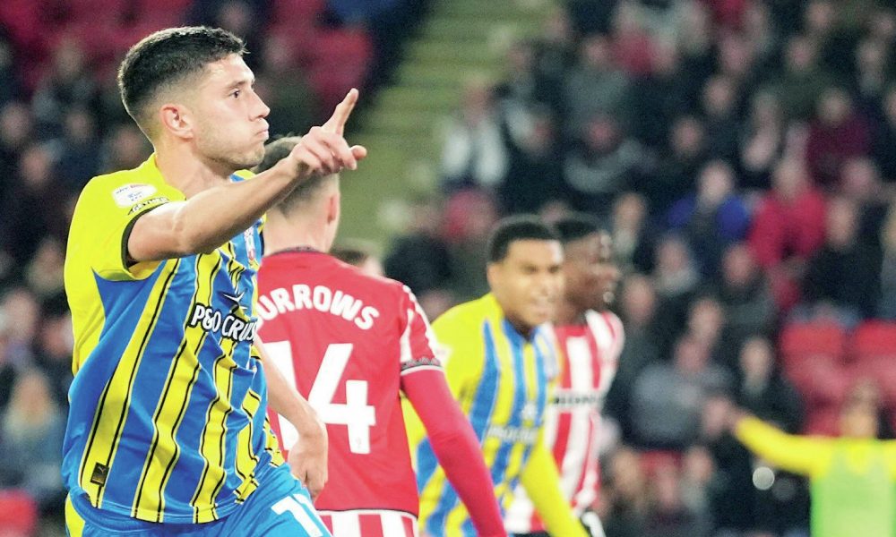Southampton’s Ross Stewart celebrates in the midweek win at Bramall Lane celebrates in the midweek win at Bramall Lane
