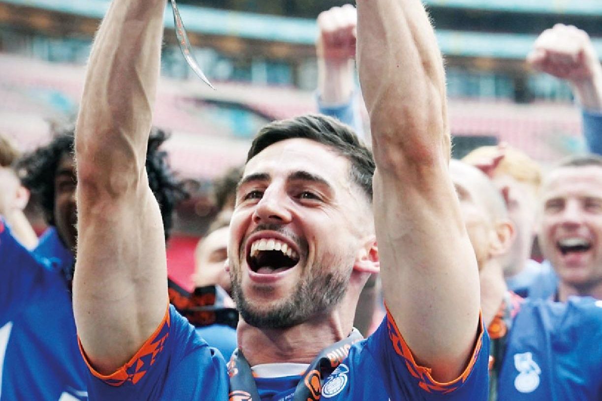 Oldham Athletic’s Tom Pett celebrates promotion