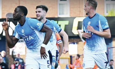 Joseph Olowu celebrates his winner for the Hatters