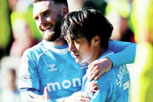Tatsuhiro Sakamoto celebrates scoring the Sky Blues’ third goal