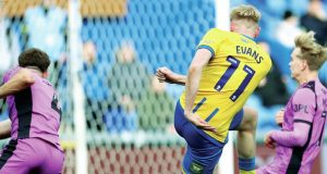 Mansfield Town’s Will Evans fires in the opening goal to make it 1-0