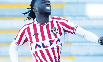 Newport County’s Cameron Antwi enjoys scoring his side’s third goal of the game