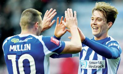 Wigan Athletic’s Callum Wright celebrates his goal with Paul Mullin