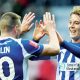 Wigan Athletic’s Callum Wright celebrates his goal with Paul Mullin
