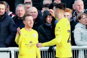 Elliot Newby celebrates giving Barrow the lead