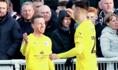 Elliot Newby celebrates giving Barrow the lead