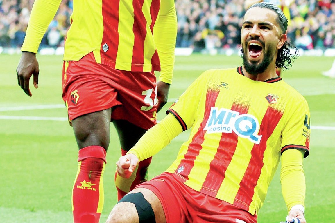 Watford’s Imran Louza, right, celebrates scoring the opening goal