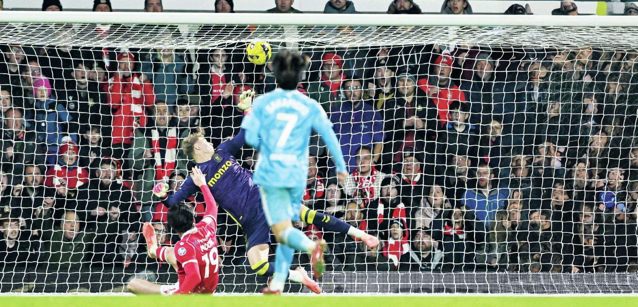 Kieffer Moore slides in to score his first goal 