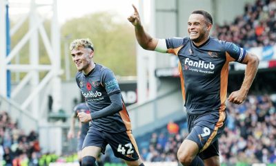 Derby County’s Carlton Morris, right, celebrates putting his side ahead in the first half