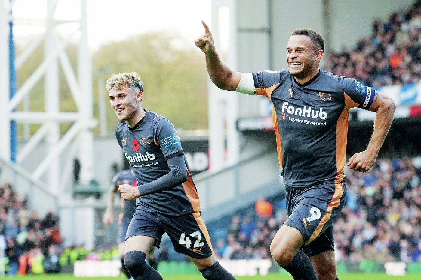 Derby County’s Carlton Morris, right, celebrates putting his side ahead in the first half