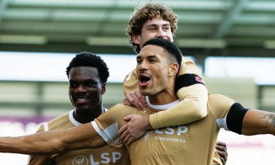 Omar Sowunmi celebrates with his team-mates after scoring Bromley’s opener