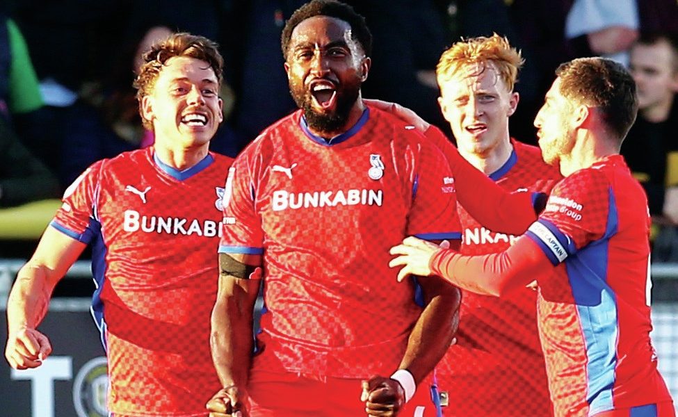 Oldham Athletic’s Manny Monthe celebrates after scoring to put his side 1-0 up