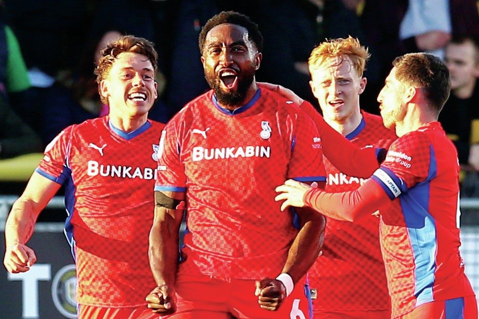 Oldham Athletic’s Manny Monthe celebrates after scoring to put his side 1-0 up