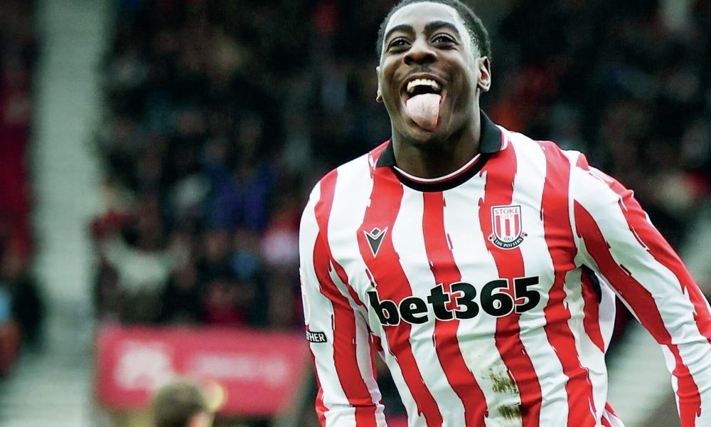 Stoke City’s Divin Mubama enjoys his second goal in the 5-1 win against Bristol City last weekend