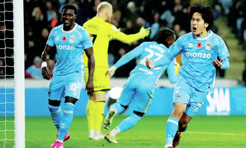 Tatsu Sakamoto celebrates his equaliser for Coventry City against Sheffield United in midweek