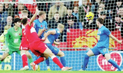 Middlesbrough’s Dael Fry, second left, scores the opener