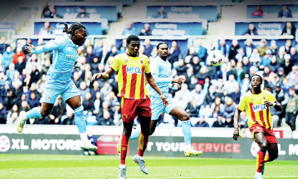 Brandon Thomas-Asante scores Coventry City’s opener in the 3-1 win against Watford