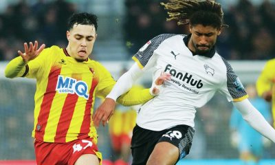 TUSSLE: Derby’s Dion Sanderson, right, battles with Watford’s Othmane Maamma PICTURES: Alamy