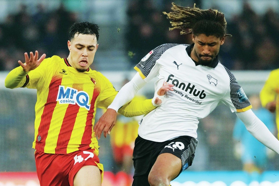 TUSSLE: Derby’s Dion Sanderson, right, battles with Watford’s Othmane Maamma PICTURES: Alamy