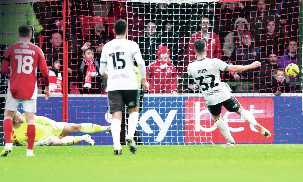 Grimsby Town’s Danny Rose sends Swindon Town goalkeeper Connor Ripley the wrong way from the penalty spot to level it up