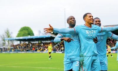 Walsall’s Priestley Farquharson celebrates his goal with team-mates