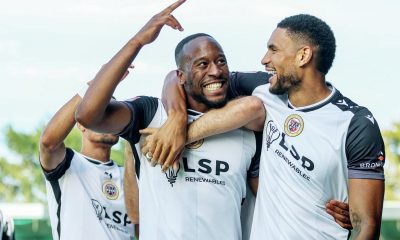 Nicke Kabamba, left, celebrates scoring for Bromley