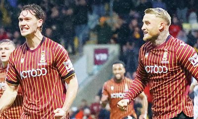 Bradford City’s Joe Wright, left, enjoys his goal with Stephen Humphrys
