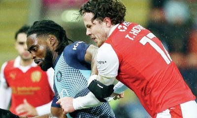 Fred Onyedinma shields the ball from Rotherham’s Tom Holmes