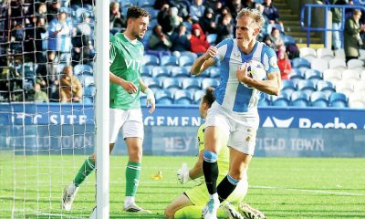 Bojan Radulovic heads home for the Terriers against Stockport County