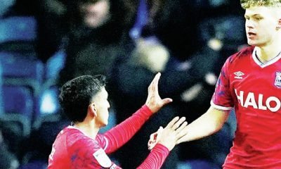 Ipswich’s Sindre Walle Egeli celebrates his late leveller at Blackburn