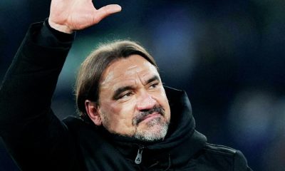 Leeds manager Daniel Farke celebrates his side’s vital midweek win against Chelsea