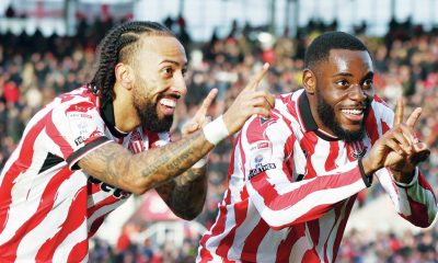 Stoke City goalscorer Sorba Thomas, left, celebrates with Junior Tchamadeu