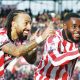 Stoke City goalscorer Sorba Thomas, left, celebrates with Junior Tchamadeu