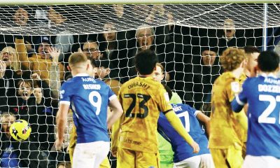 Pompey’s Ibane Bowat nets the crucial goal
