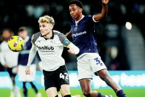 Derby County’s Bobby Clark takes the game to Millwall in the midweek draw