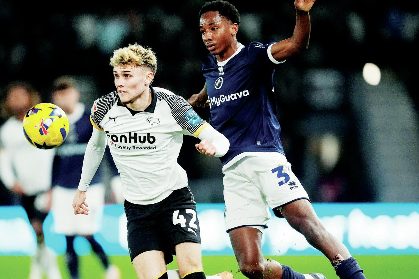 Derby County’s Bobby Clark takes the game to Millwall in the midweek draw