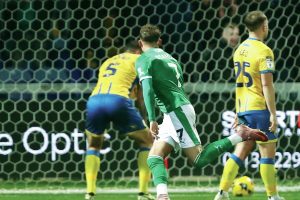 Stockport County’s Jack Diamond wheels away after netting the winner
